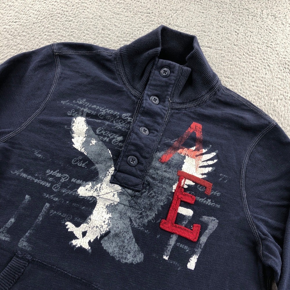Vintage American Eagle Sweatshirt Mens Large Blue Y2K Fit Embroidered Pockets